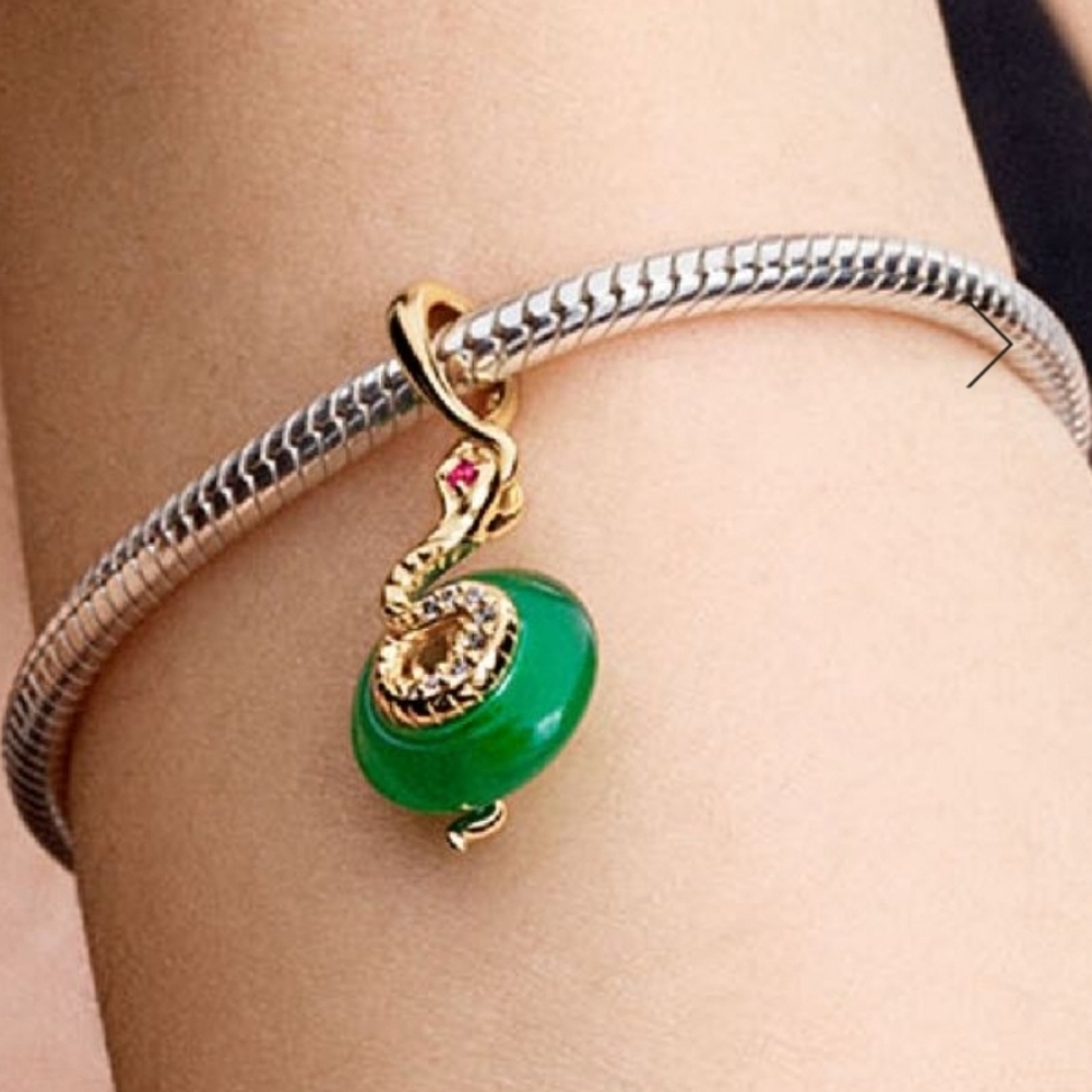 Authentic NEW Pandora Snake Green Murano Glass Dangle Charm 14KGP CZ - Picture 7 of 9